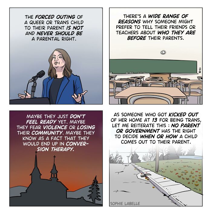Comic panels by Sophie Labelle addressing forced outing and challenges faced by queer and trans youth in LGBTQ+ topics.