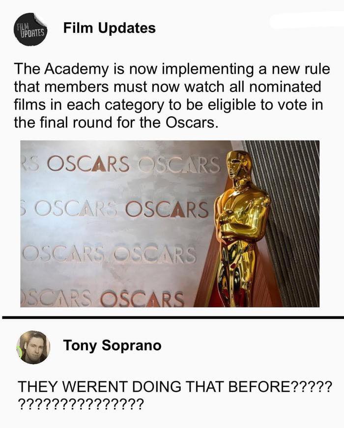 Screenshot of a sarcastic social media post about the Oscars voting rule, illustrating collective brain cell humor.