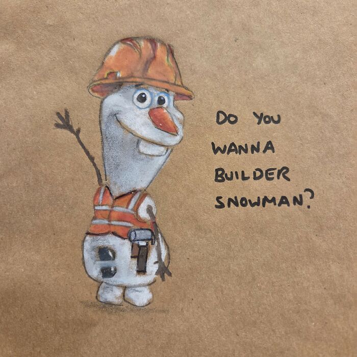 Drawing of a snowman wearing a construction hat and vest with a dad joke written on a kids’ lunch bag.