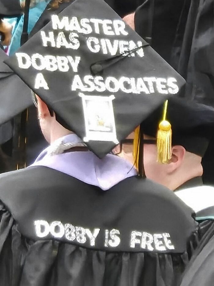 Graduation cap and gown with funny movie meme text referencing Dobby from Harry Potter, highlighting movie memes humor.