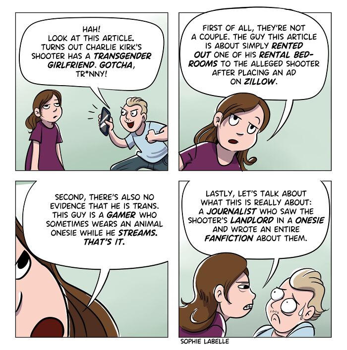 Comic panels by Sophie Labelle addressing misconceptions about a transgender character, highlighting LGBTQ+ and gamer topics.