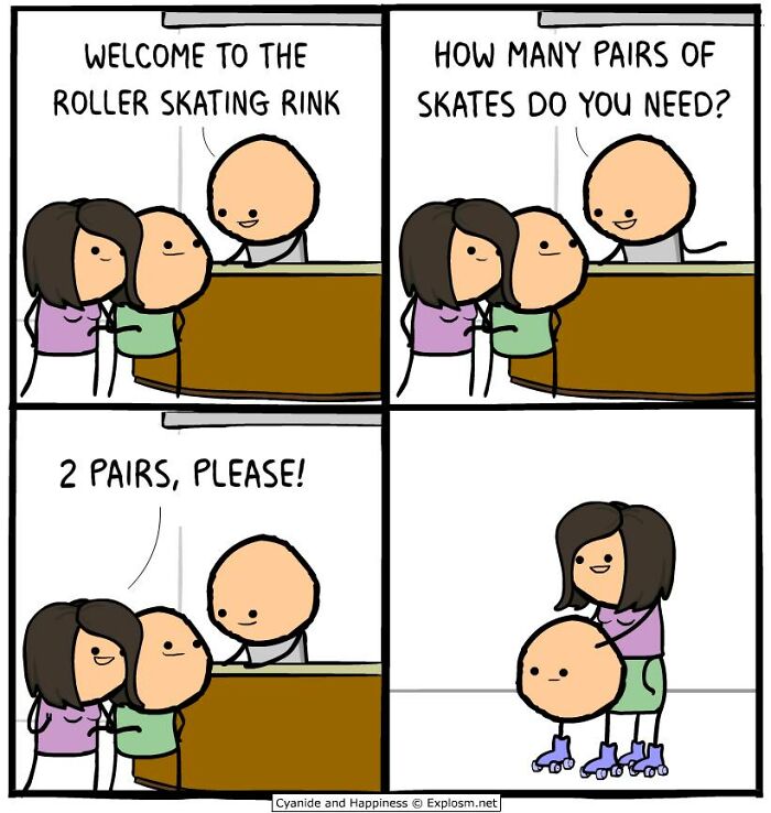 A dark Cyanide & Happiness comic showing a misunderstanding about renting two pairs of roller skates.