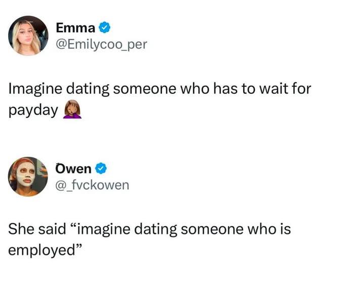 Screenshot of Twitter exchange showing sarcastic jokes about dating and employment, illustrating humor in human interactions.