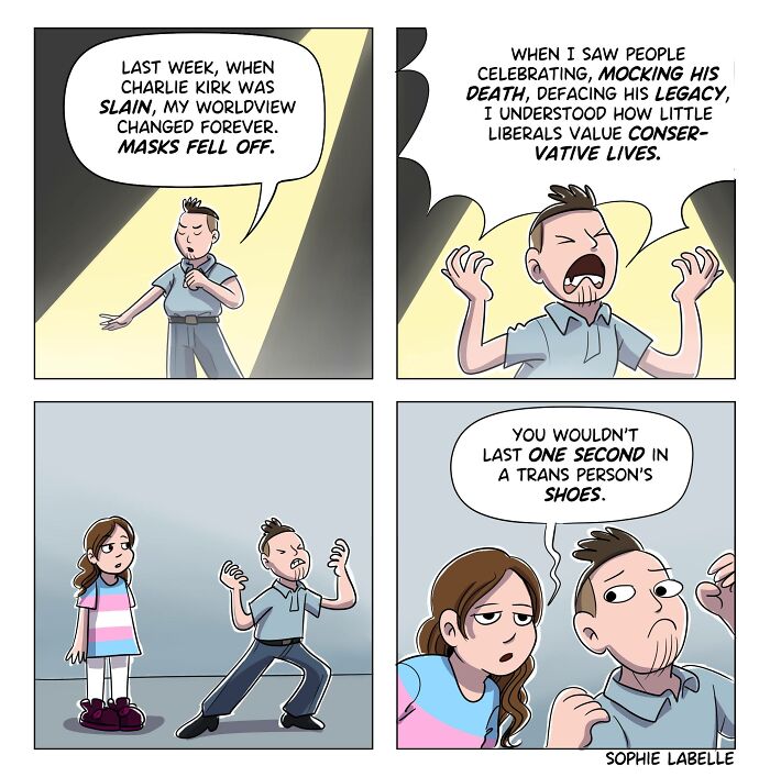 Comic panels by Sophie Labelle depicting a man reflecting on LGBTQ+ issues and the challenges faced by trans people.