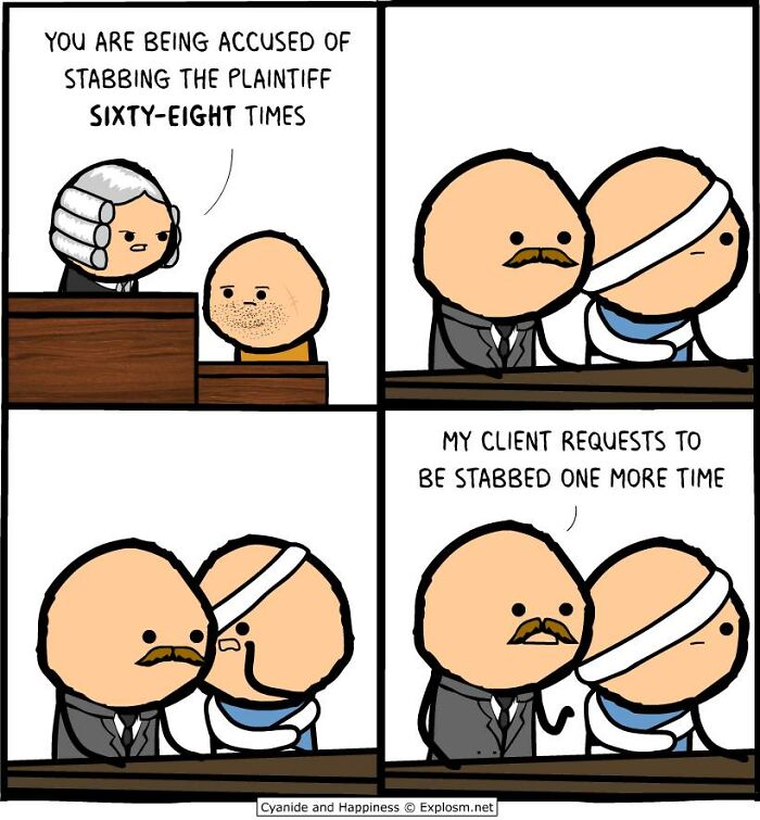 Courtroom scene comic from Cyanide & Happiness showing a humorous dark twist on stabbing accusations in modern society.
