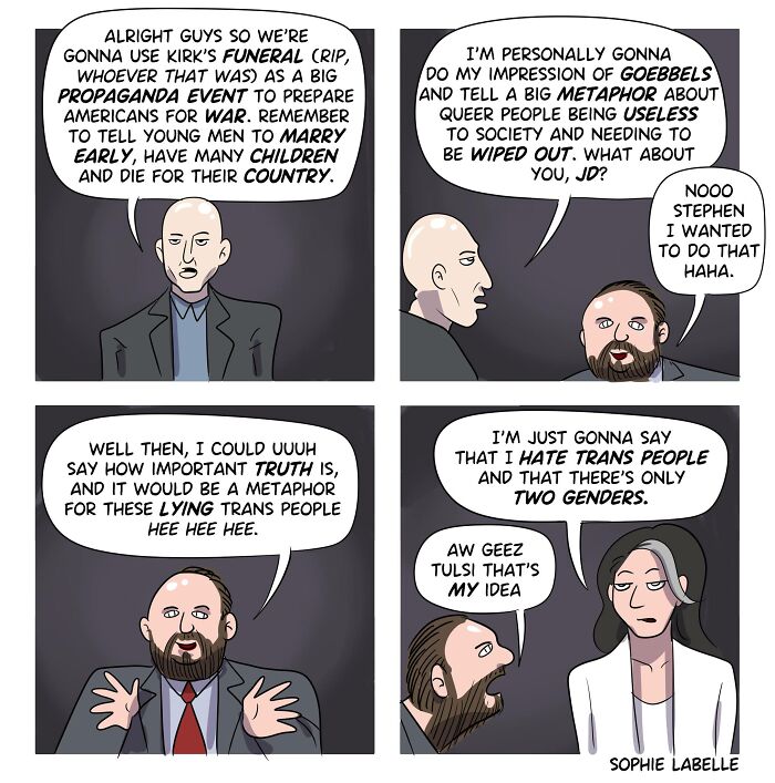 Comic panels by Sophie Labelle depicting characters discussing propaganda, transphobia, and societal issues with LGBTQ+ themes.