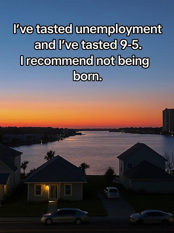 Sunset over a river with houses and cars, featuring a sarcastic quote about unemployment and 9-5 jobs.