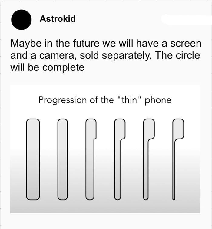 Sarcasm post showing progression of thin phone design with humor, illustrating a collective brain cell concept.