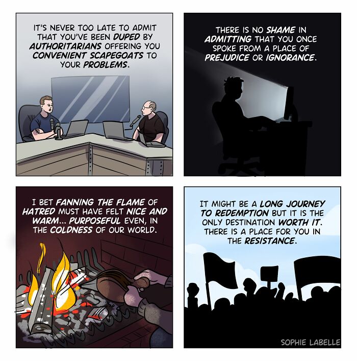 Four-panel comic by Sophie Labelle showing dialogue on admitting prejudice, hatred, and the journey to redemption in LGBTQ+ topics.