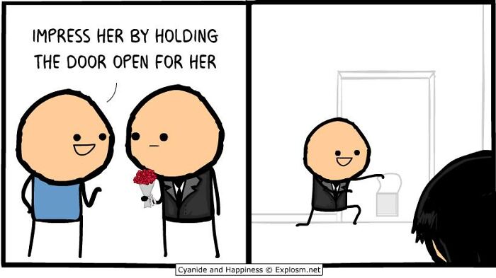 Two stick figures in a Cyanide & Happiness comic, one holding flowers and the other holding a bucket by a door.