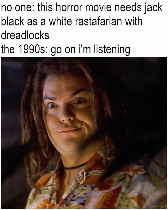 Horror movie scene with a character dressed as a white Rastafarian, highlighting 1990s movie memes humor.