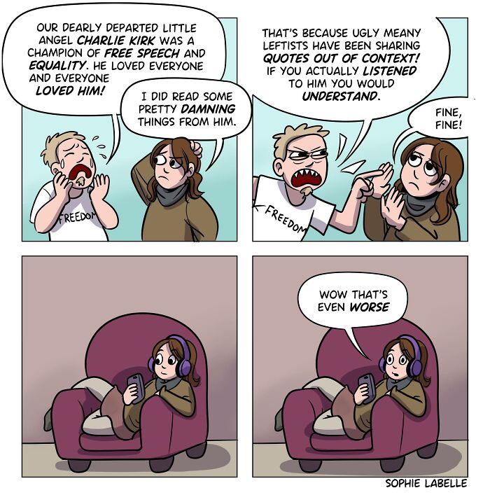 Comic by Sophie Labelle depicting a conversation about free speech and equality, highlighting LGBTQ+ and social issues.