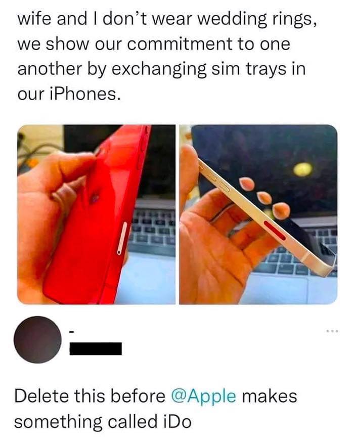 Humorous post showing a couple exchanging iPhone SIM trays as a unique symbol of commitment and sarcasm.