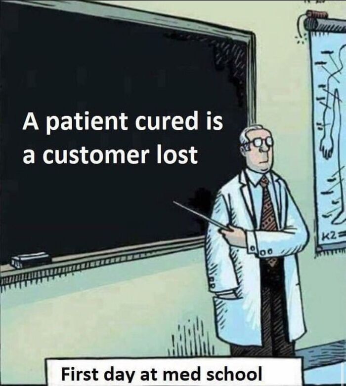 Doctor in white coat pointing at chalkboard with sarcastic medical humor about patients and customers on first day at med school.
