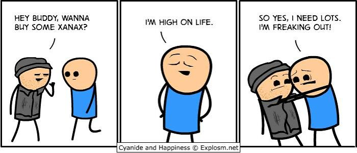 Two stick-figure characters in a Cyanide & Happiness comic discussing d***s and mental health humorously.