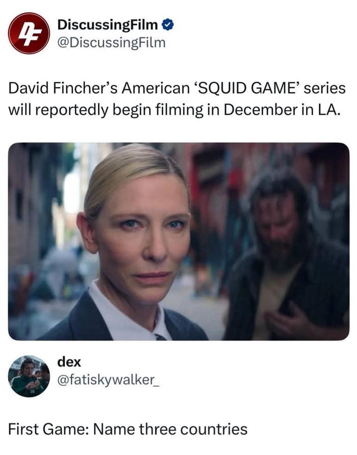 Tweet discussing filming of American Squid Game series, with a woman in focus and a blurred man in the background, sarcasm humor.