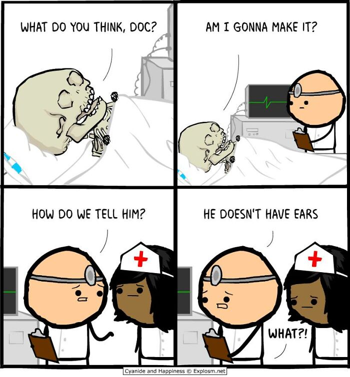 Dark comic by Cyanide & Happiness shows a skeleton patient in a hospital bed with doctors discussing how to tell him bad news.