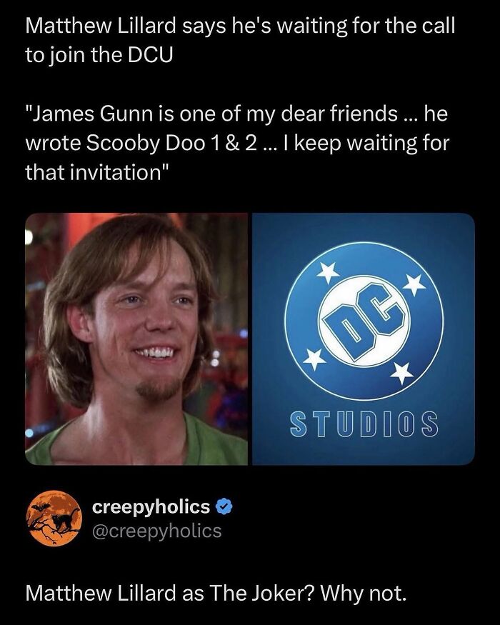 Matthew Lillard smiling in a movie meme about joining DCU, paired with the DC Studios logo in a humorous context.