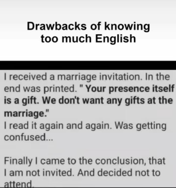 Text image humor about drawbacks of knowing too much English with sarcasm and funny posts on communication.