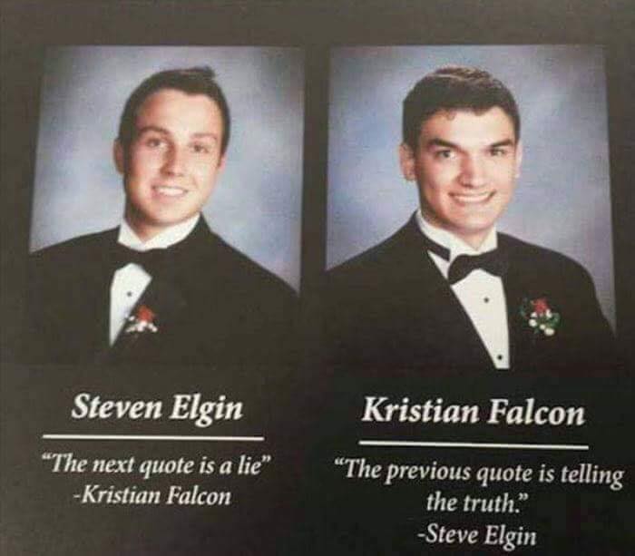 Yearbook photos of two young men in tuxedos with humorous, sarcastic quotes, illustrating collective brain cell humor.