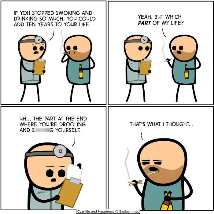 Dark comic from Cyanide & Happiness showing a doctor advising a smoker with humor about extending life in today’s society.