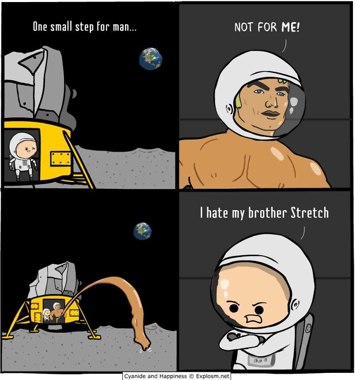 Comic strip from Cyanide & Happiness showing astronauts on the moon with dark humor about society and family tensions.