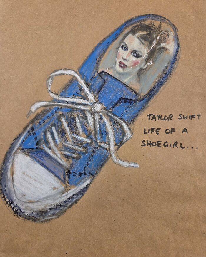 Drawing of a blue sneaker with a face inside the toe, featuring a dad joke pun about Taylor Swift and shoes.