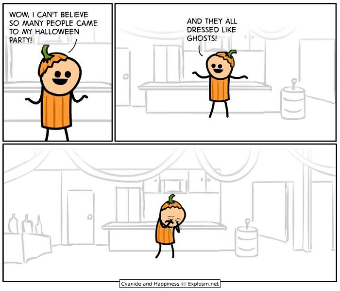 Stick figure in a pumpkin costume upset after Halloween party where everyone dressed as ghosts in dark comic about society.