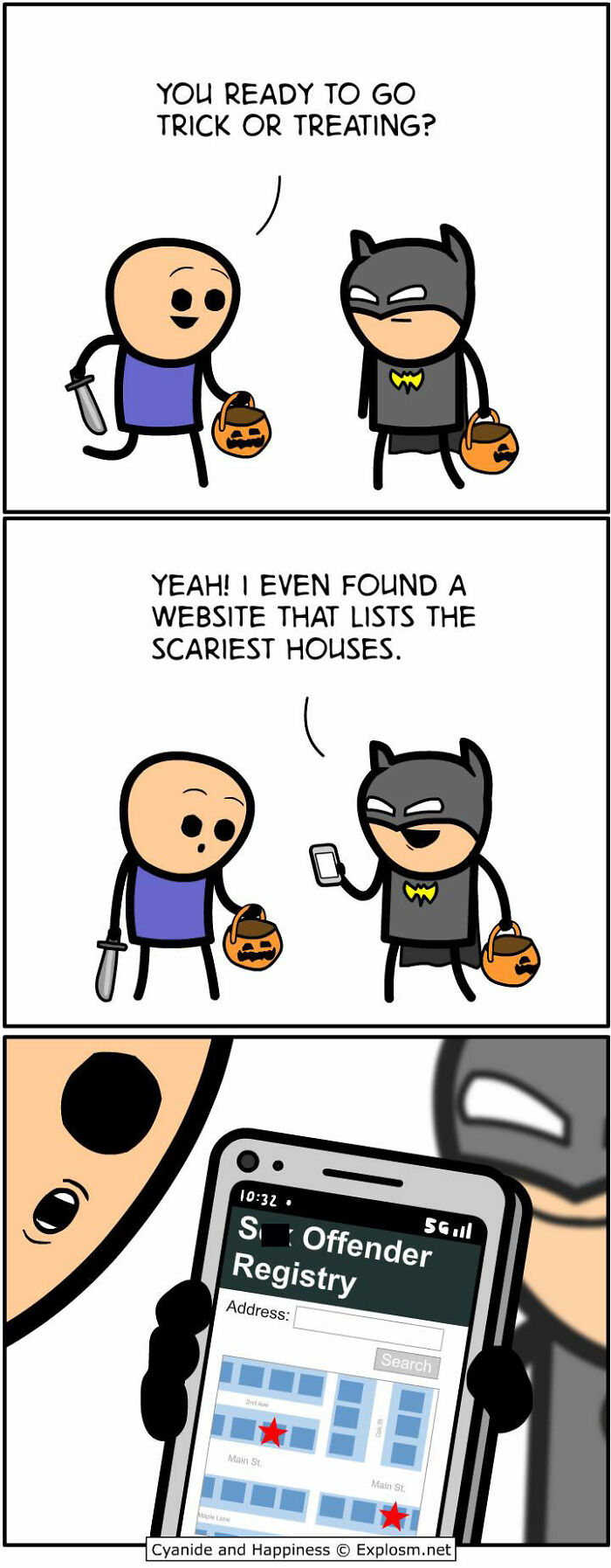Dark comic by Cyanide & Happiness showing kids trick-or-treating with a map of the s*x offender registry.