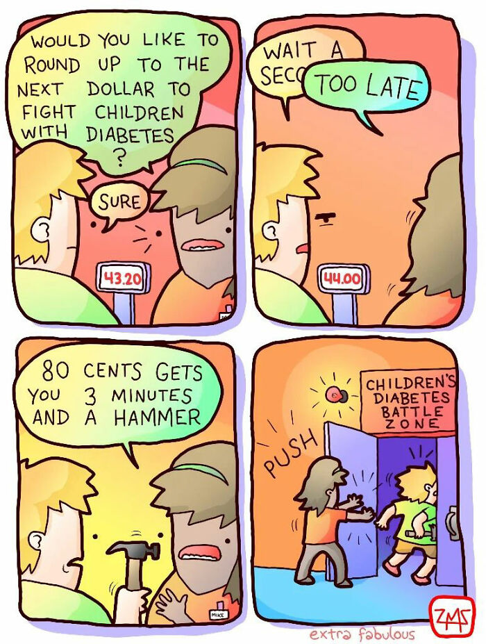 Comic panels from Extra Fabulous Comics showing dark humor about children’s diabetes in a quirky unexpected ending.