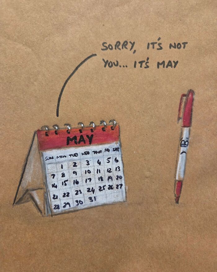 Hand-drawn dad joke on lunch bag featuring a May calendar and a pen with pun about May for dad jokes and puns.