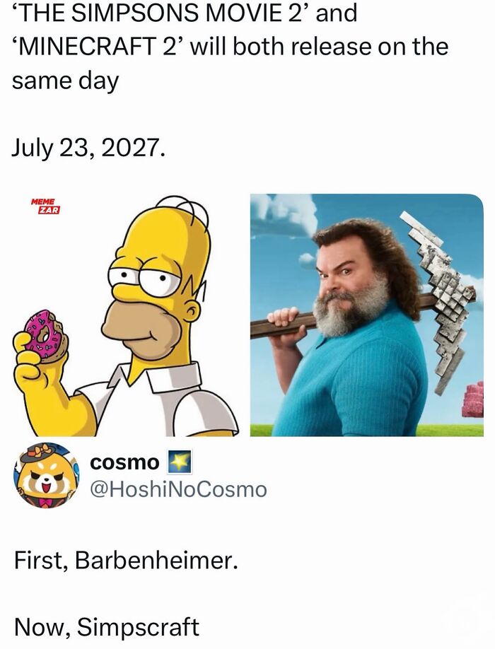 Homer Simpson holding a donut and a man holding a pixelated hammer, illustrating popular movie memes.