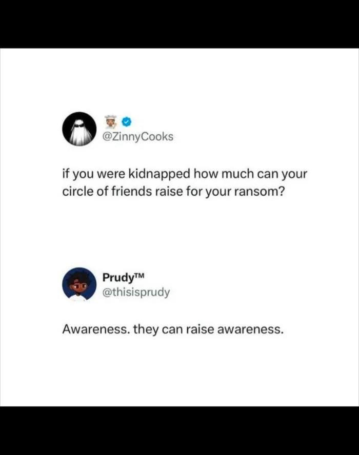 Sarcastic social media exchange about friends raising ransom or awareness, showcasing humor and collective brain cell wit.