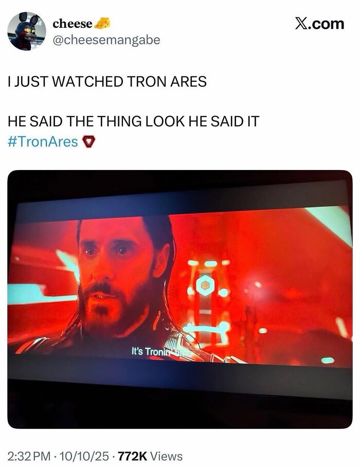 Movie meme of a scene from Tron Ares with humorous caption about repeating a line, related to movie memes.