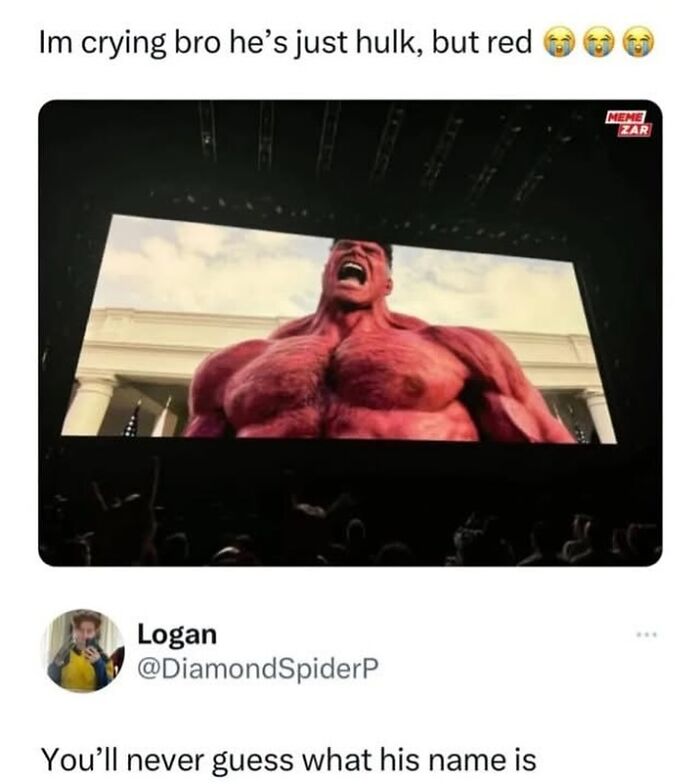 Image of a funny movie meme showing a red Hulk character on screen, shared in a collection of movie memes.