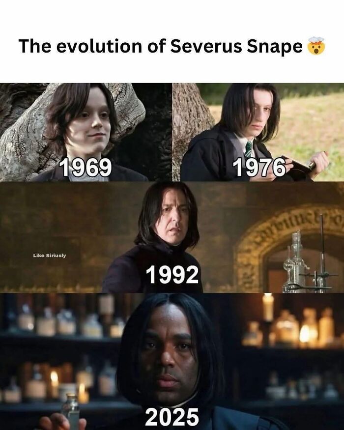 Movie memes showing the evolution of Severus Snape across different years with humorous character transformations.