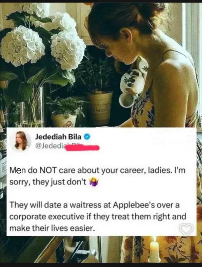 Tweet about men not caring about women's careers, highlighting sarcasm in human relationships in a cozy home setting.