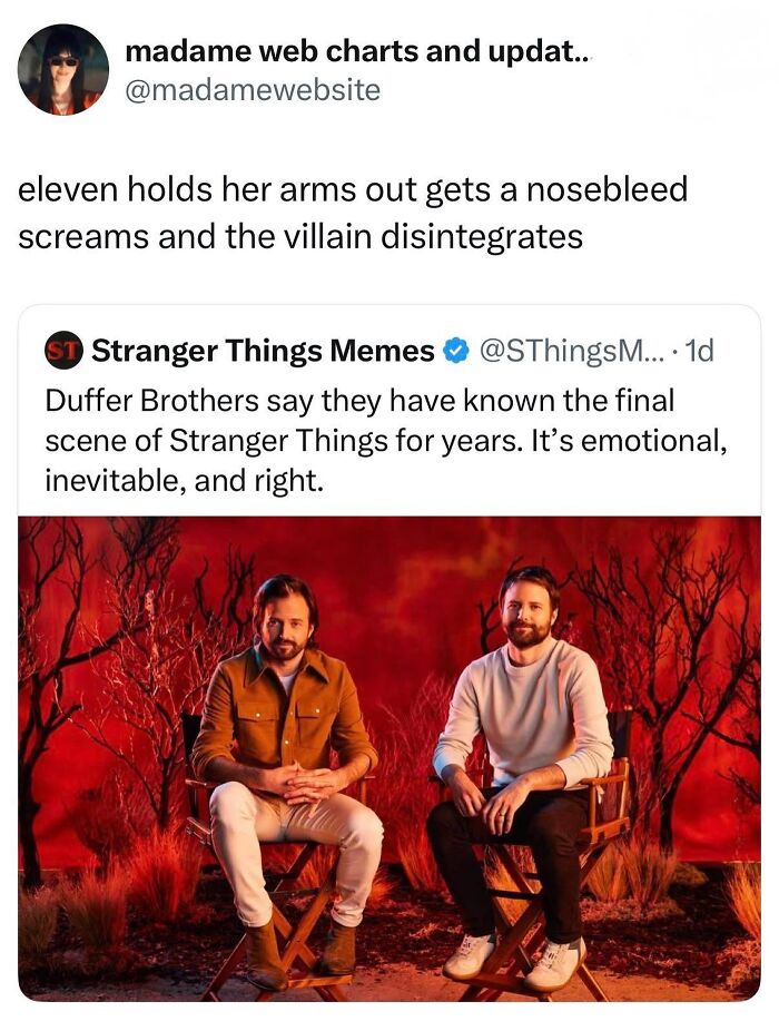 Tweet about Stranger Things scene with Eleven's powers paired with meme discussion, highlighting funny movie memes.