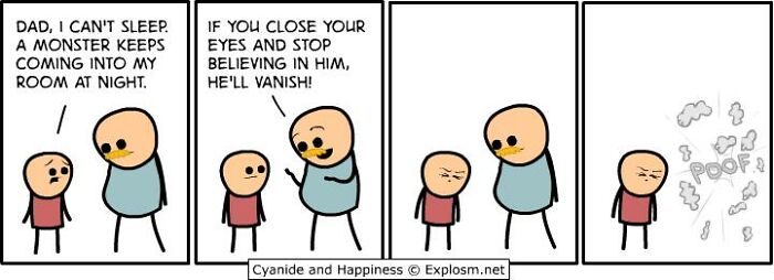 Dark comic strip by Cyanide & Happiness showing a child scared of a monster and a humorous parenting response at night.
