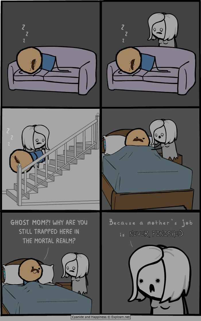 Dark comic by Cyanide and Happiness depicting a ghost mom saying a mother’s job is never finished in society today.