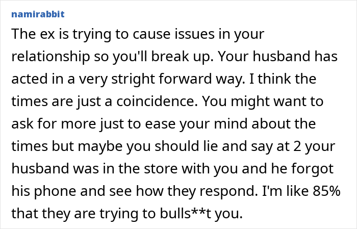 Text of a comment warning about an ex causing relationship issues and suggesting ways to verify if a husband is cheating or if ex-girlfriends are involved.