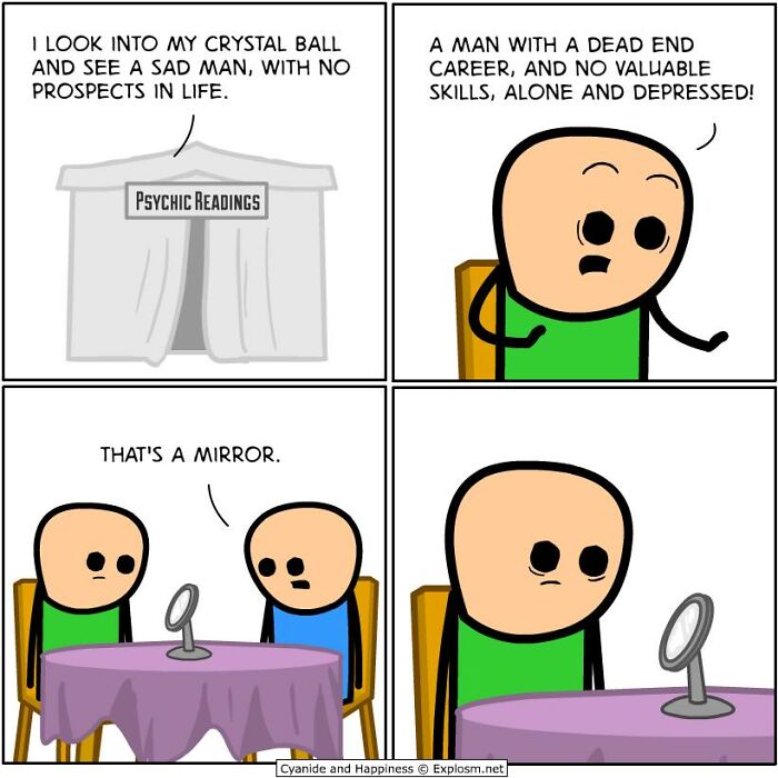 Dark comic by Cyanide & Happiness depicts a man facing a depressing future revealed through a psychic reading mirror.