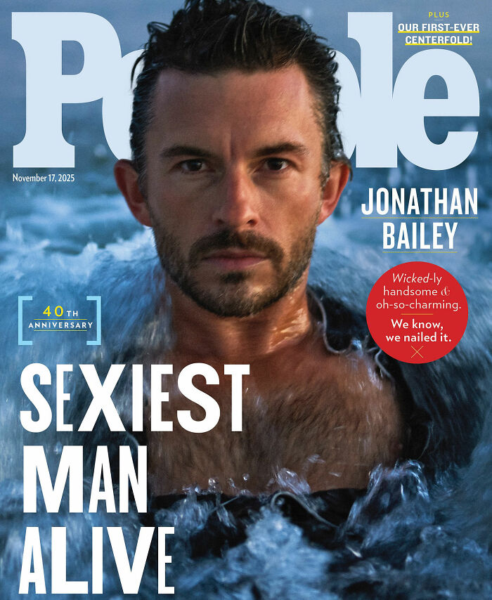 Jonathan Bailey on People magazine cover, wet in water, highlighting discussions on masculinity and sexiest man alive.