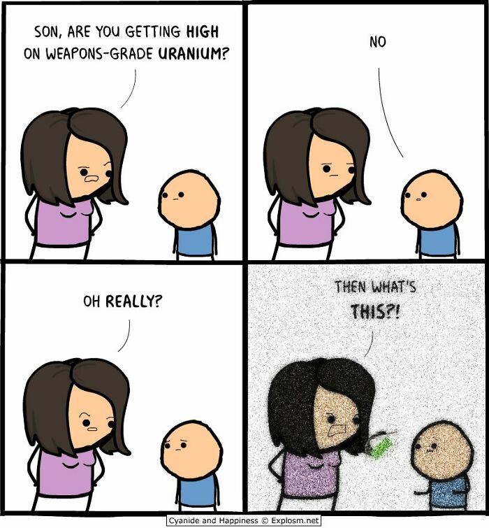 Dark comic by Cyanide and Happiness showing a mother questioning her son about uranium exposure in a humorous style.
