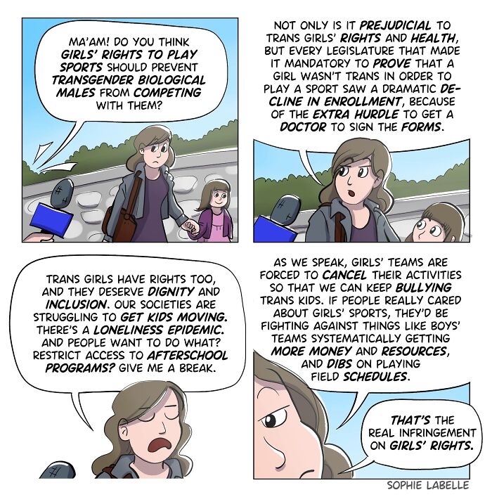 Comic panels by Sophie Labelle highlighting LGBTQ+ topics and trans girls' rights in sports, focusing on inclusion and dignity.