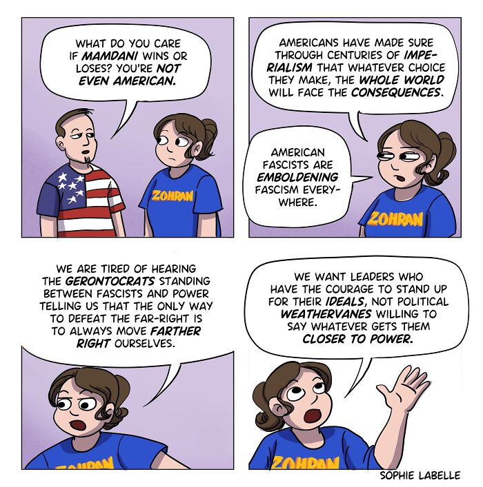 Comic panels by Sophie Labelle featuring LGBTQ+ themes and social commentary on imperialism, fascism, and political courage.