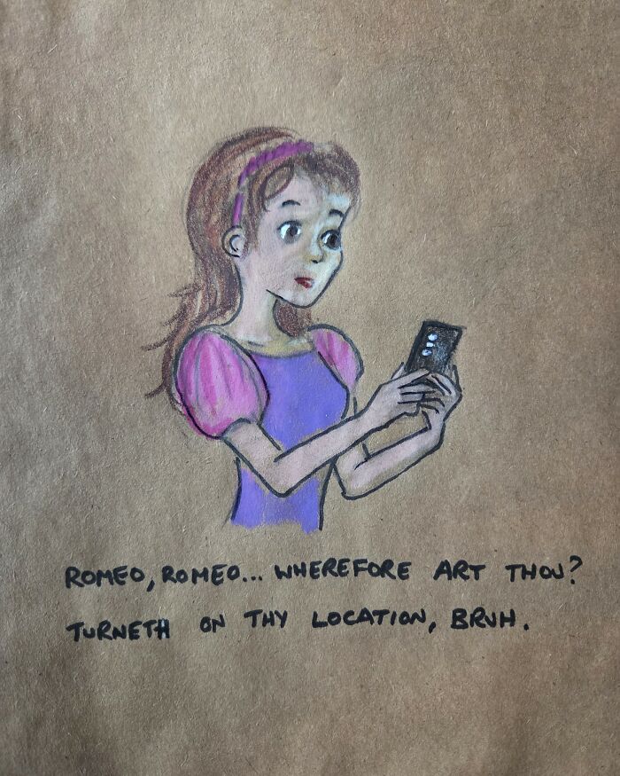 Hand-drawn dad joke on lunch bag featuring cartoon girl looking at phone with a Shakespeare location pun.