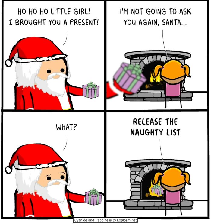 Dark comic panel by Cyanide & Happiness showing girl threatening Santa by the fireplace with a present in a modern society satire.