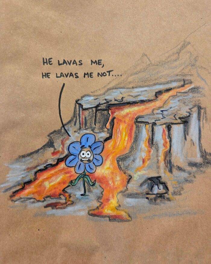 Cartoon drawing of a blue flower near a lava flow with a pun caption, illustrating dad jokes and puns for kids’ lunch bags.