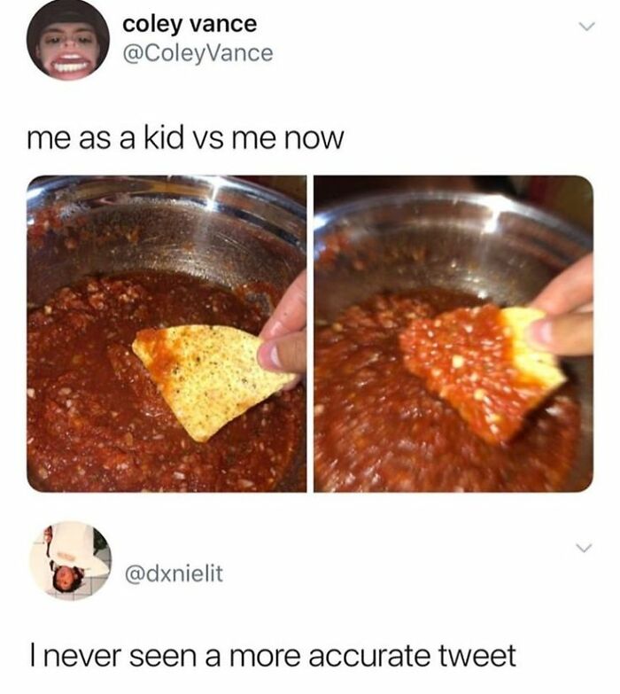 Meme comparing dipping a chip in salsa as a kid versus now, highlighting cheerful memes for wasting time online.